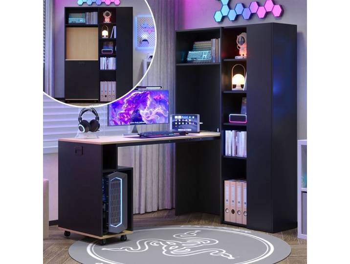 Bureau pliable avec bibliothèque - ZEMINPEOEL - 104 5x30 5x160 cm noir/effet chêne prise EU/USB étagères réglables