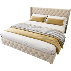 Merax Polsterbett, Massivholz Doppelbett 160x200cm mit Lattenrost und Polster-Kopfteil, Hellbeige