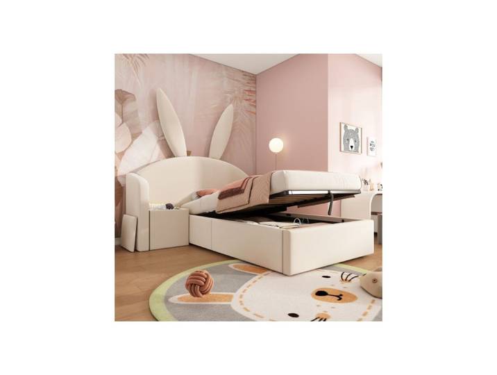 Lit Coffre - WESTYLE - 90x200 Velours Beige Lapin - Rembourré - Grand coffre hydraulique - Table de chevet modulable