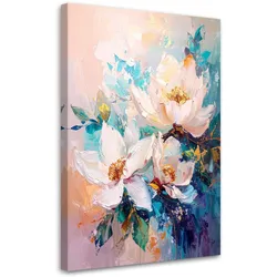 LEINWANDBILD, Helle Blumen in Pastellfarben mit türkisfarbenen Blättern
