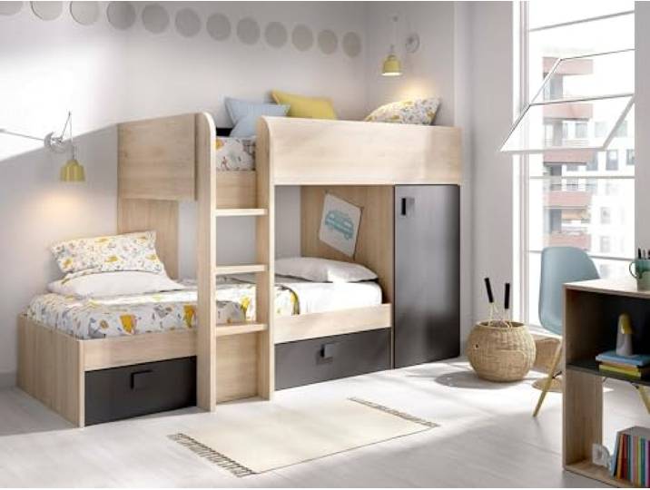 Dmora - Schlafzimmer Marmolada, Komplettes Schlafzimmer, Etagenbettkomposition mit Zwei Einzelbetten, 255x112h150 cm, Eiche und Anthrazit