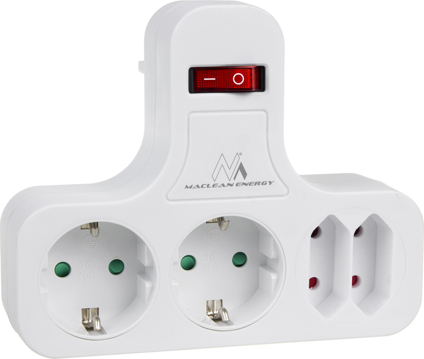 Maclean stopcontact MCE224 vierdelig met aan/uit-schakelaar en stabilisatiefuus, Schuko-type 2x2,5A en 2x16A