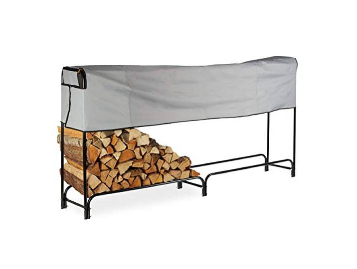 Relaxdays 10026087_962 Etagère de cheminée\, très Large\, avec Housse\, Support de bûches en métal\, HlP 122 x 245 x 40 cm\, Noire\, Acier\, Polyester