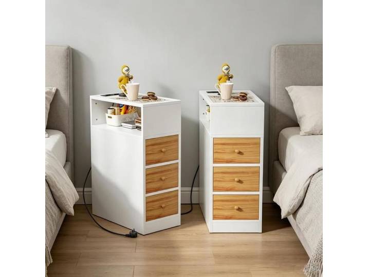 Lot de 2 Table de Chevet Blanc+Bois Style Scandinave - LVHCMFOHM - 1 Compartiments Ouverts+3 Tiroirs - Design Étroite - 25x45x70cm