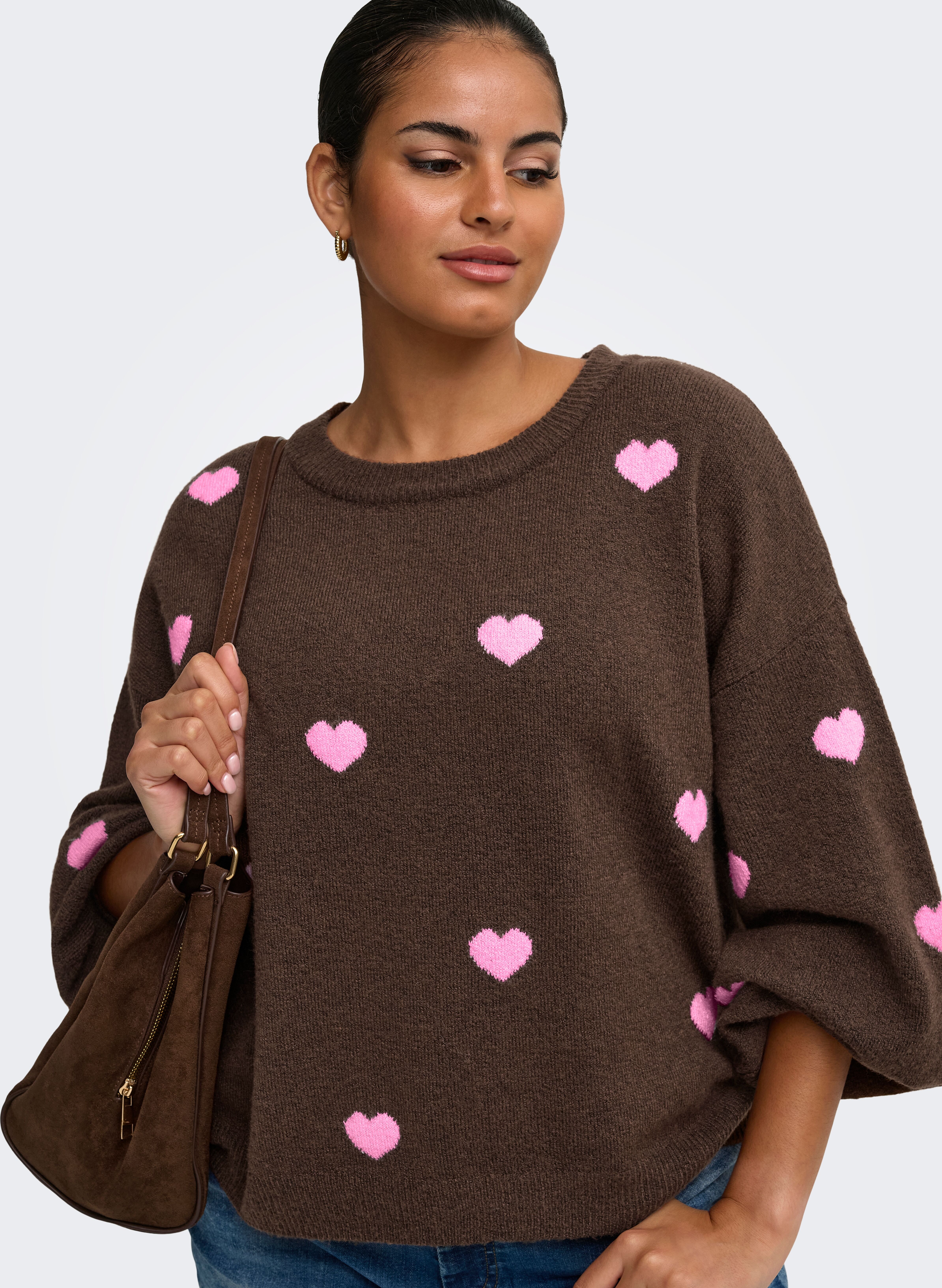 ONLY CARMAKOMA "CARRICA LS DETAIL O-NECK KNT" Materialmix, normal geschnitten coffee bean pattern:heart, pastel lavend, mel M
