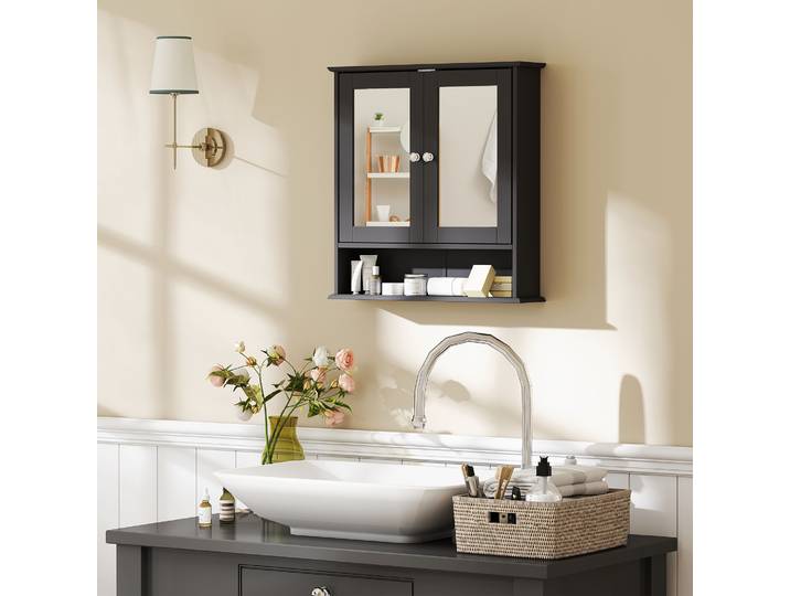 kleankin Armoire Murale Salle de Bain Noir avec Miroir 56x13x58cm