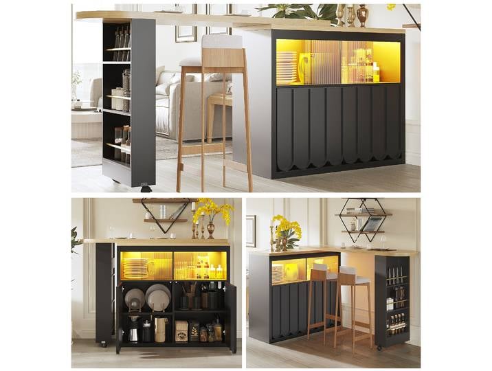 Table de bar extensible avec rangement (135-205×39×100cm), Table de bar mobile moderne, Table de bar télescopique avec éclairage LED