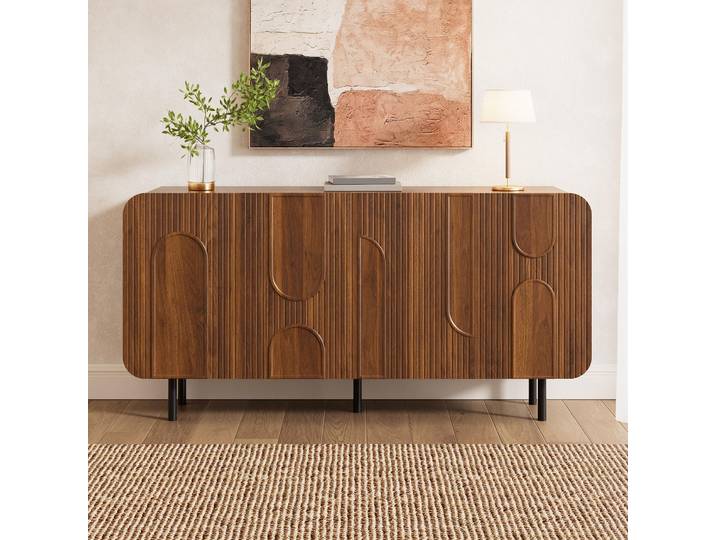 Merax Sideboard Mid-Century mit 4 Türen und Einlegeböden, Kommode mit Metallbeine und geometrische Reliefs & Rillen, Wohnzimmerschrank Flur, Nussbaum