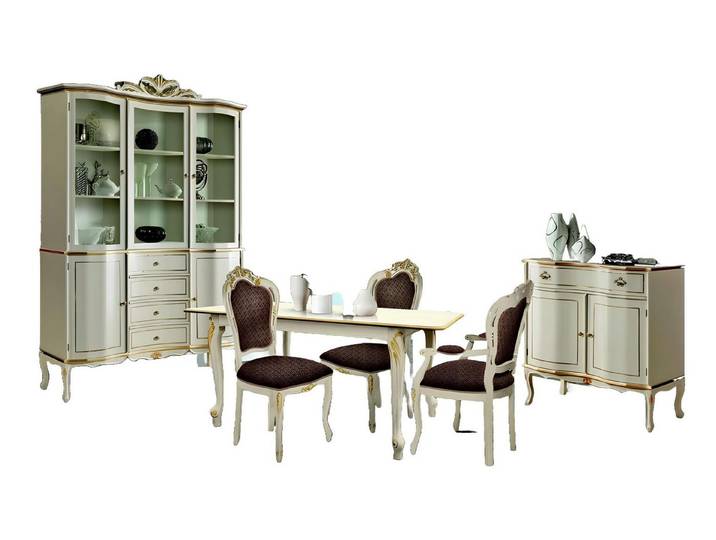 Xlmoebel Esszimmer-Set Elegantes Esszimmer-Ensemble aus weißem Holz mit Kommode und Stühlen, (5tlg Set Esszimmer), Hergestellt in Europa