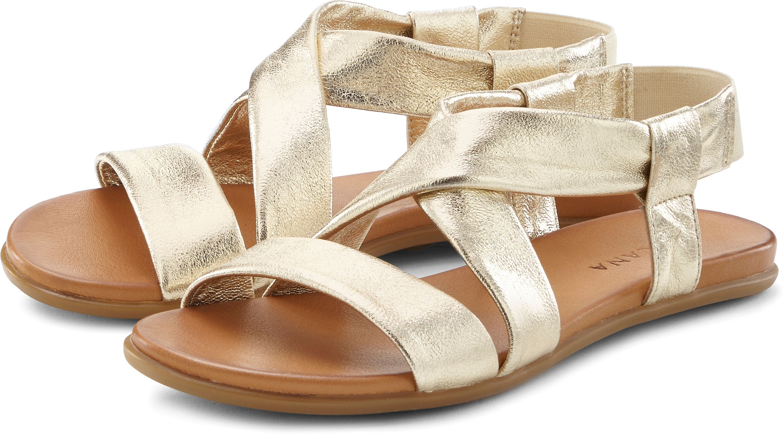 Sandale LASCANA "Sommerschuh", Damen, Gr. 36, Rindsleder, gold (goldfarben), Obermaterial: 100% Rindsleder. Decksohle: 100% Rindsleder. Laufsohle: 100% Synthetik, unifarben, Basic, Schuhe Sandale, aus Leder mit raffinierten Riemchen, Sandalette, Sommersch