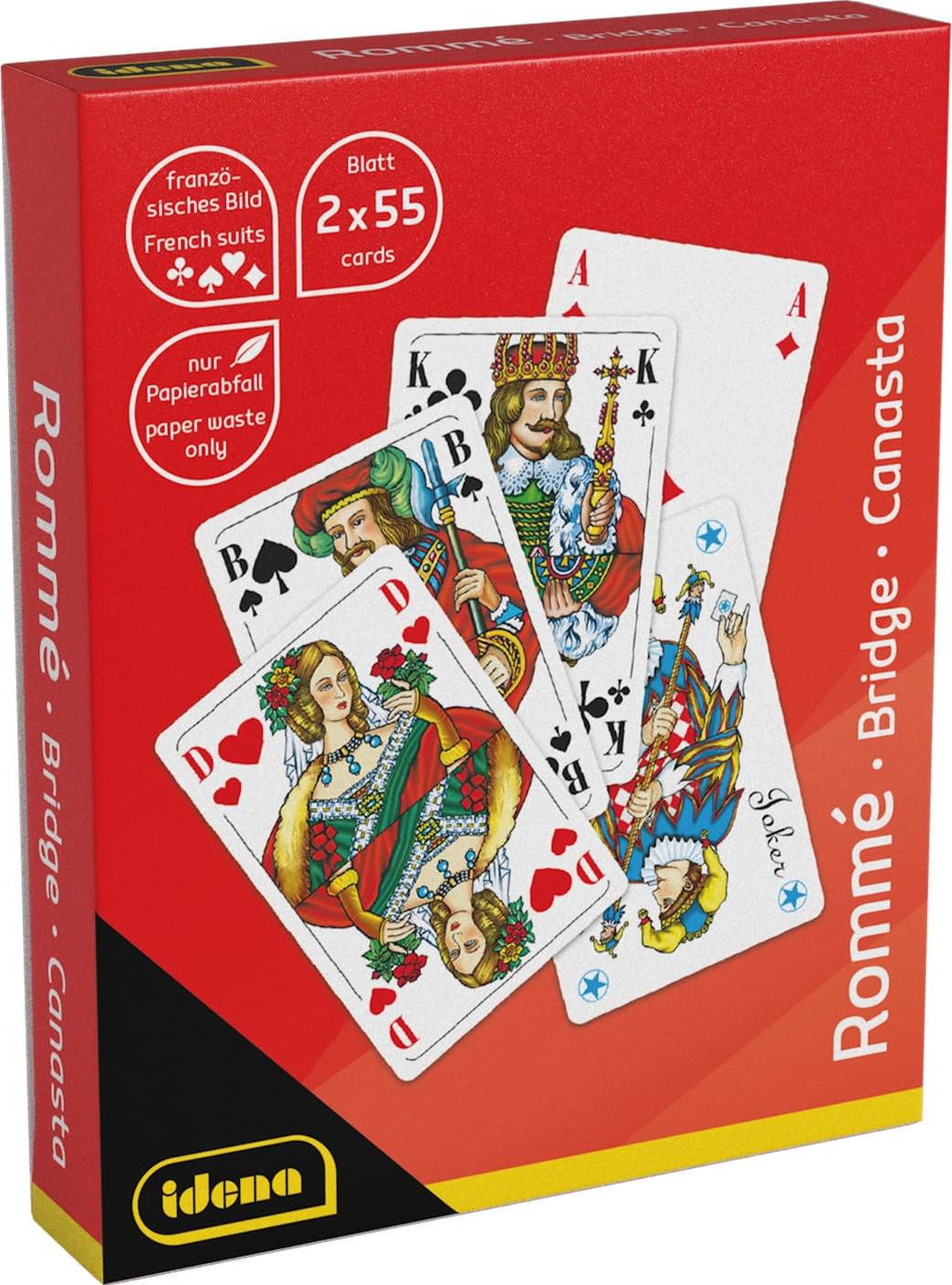Idena Speelkaarten voor Rommé, Canasta en Bridge, 2 sets van 55 kaarten met Franse symbolen