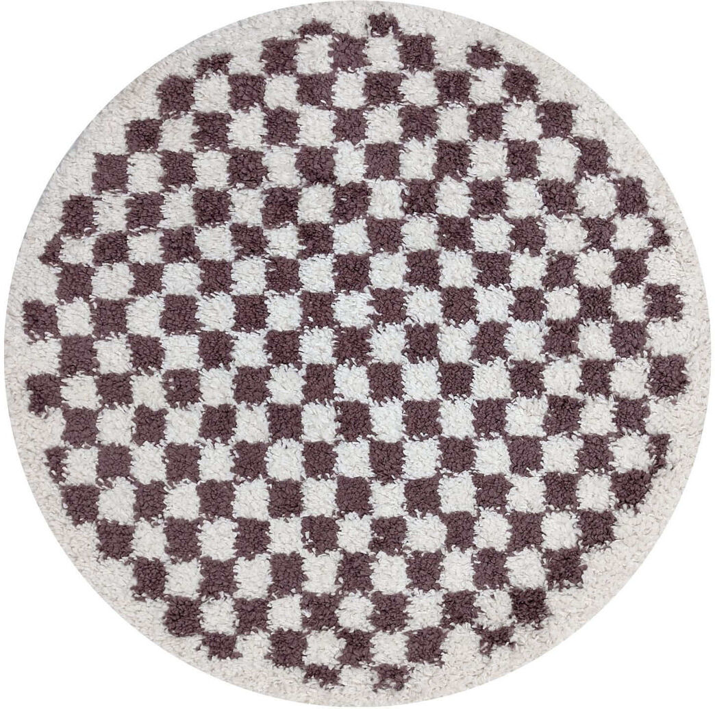 THE RUGS Moodi Modern Shaggy Area Rug Checkered Design Off-White/Purple Round 120 cm