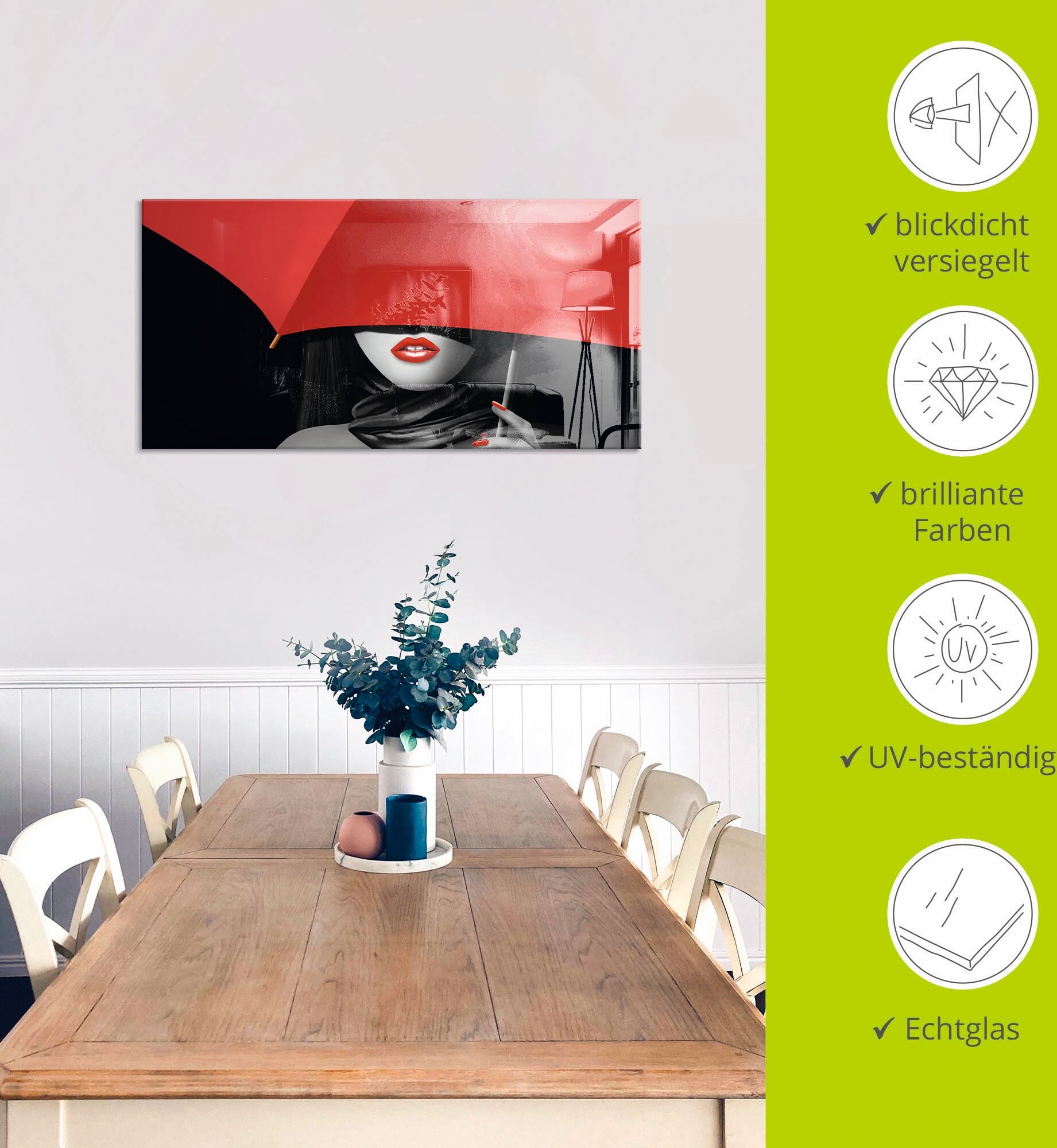 Glasbild ARTLAND "Rote Lippen unter dem Regenschirm", rot (farbe bild(er): rot), B:100cm H:50cm, Bilder, Glasbild, in verschiedenen Grössen farbe bild(er): rot B/H/T: 100cm x 50cm, Glasbild Frau Querformat, 1 Stk.
