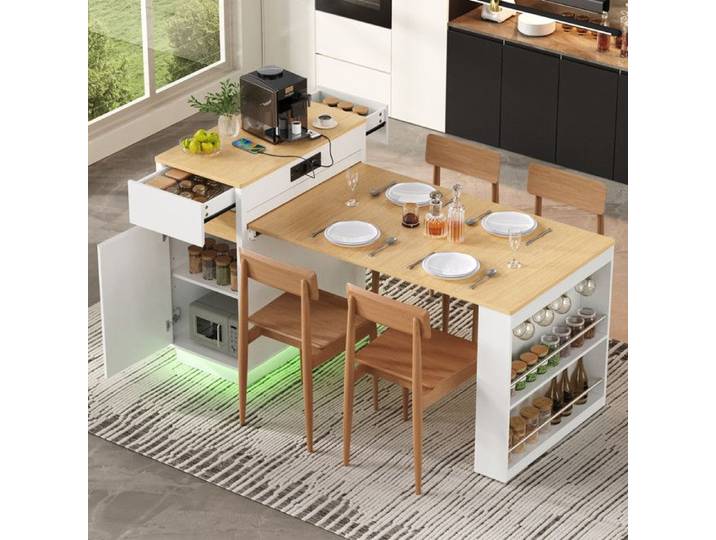 NuvlaGu - Îlot de cuisine sur roulettes avec prise et de crochets pliable utilisable comme îlot de cuisine buffet ou bar - Blanc