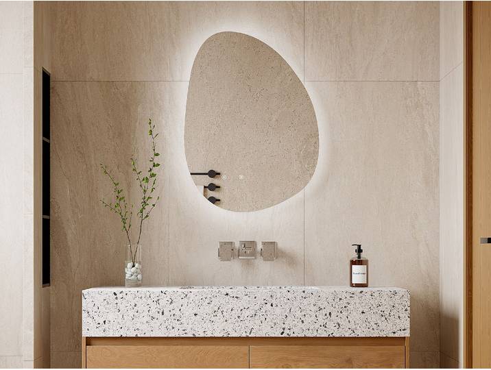 Badezimmerspiegel asymmetrisch mit Beleuchtung - beschlagfrei - 60 x 80 cm - INACIA