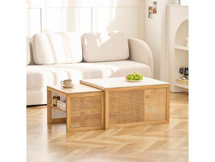 Set de 2 tables basses gigognes en rotin et plateau effet marbre