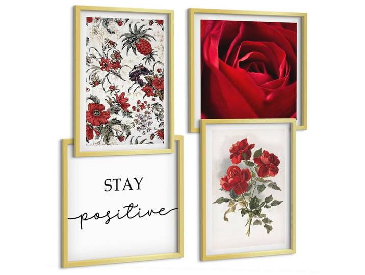 BILDER SET 4er Set - 50x50 cm & 40x60 cm Goldrahmen - Inschrift mit roten Rosen