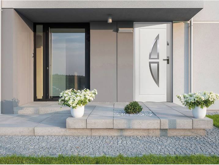 Eingangstür aus Stahl, verglast mit Edelstahl H207 x B100 cm weiß - Stärke 55 mm - DIN links - COVAS