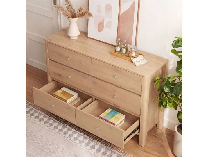 Commode - WESTYLE - 120x40x80 cm - 6 tiroirs - Finition chêne - Glissières métal