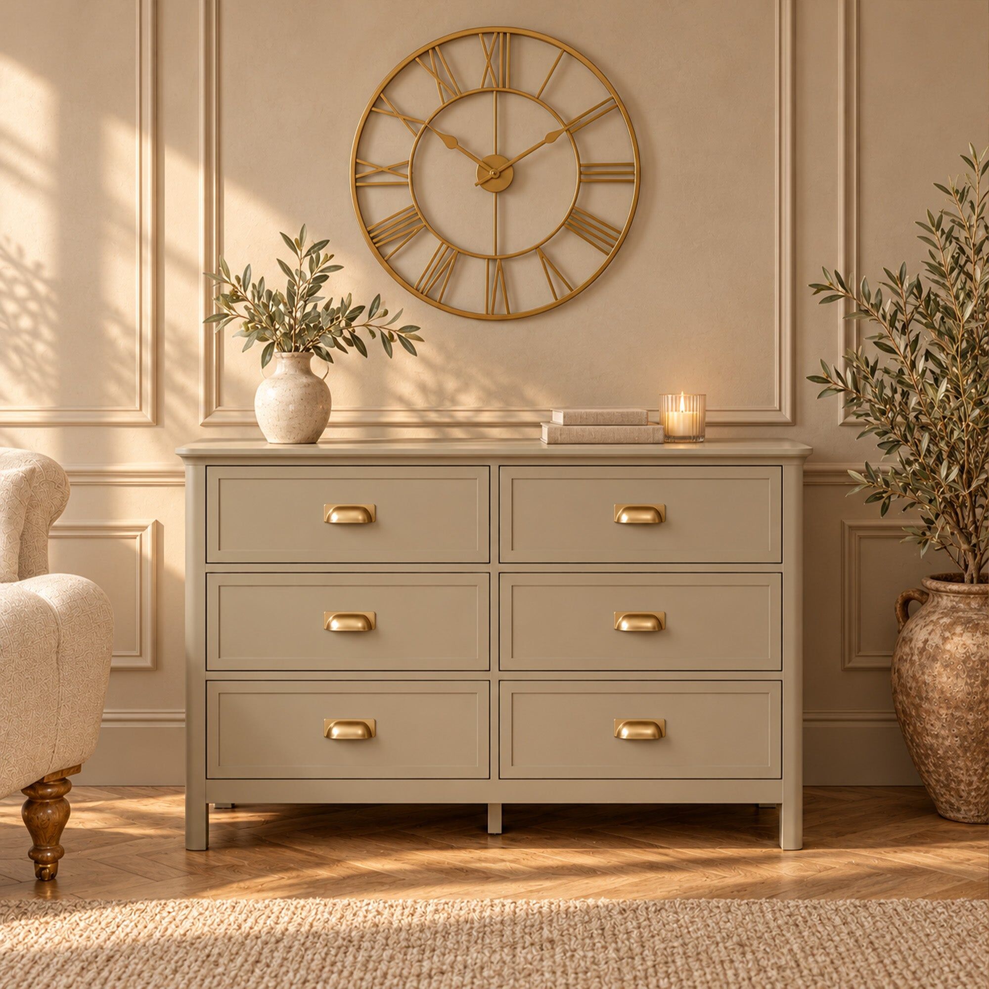 Large 6 Drawer Chest of Drawers - Lawrence Taupe Range Wood, Metal