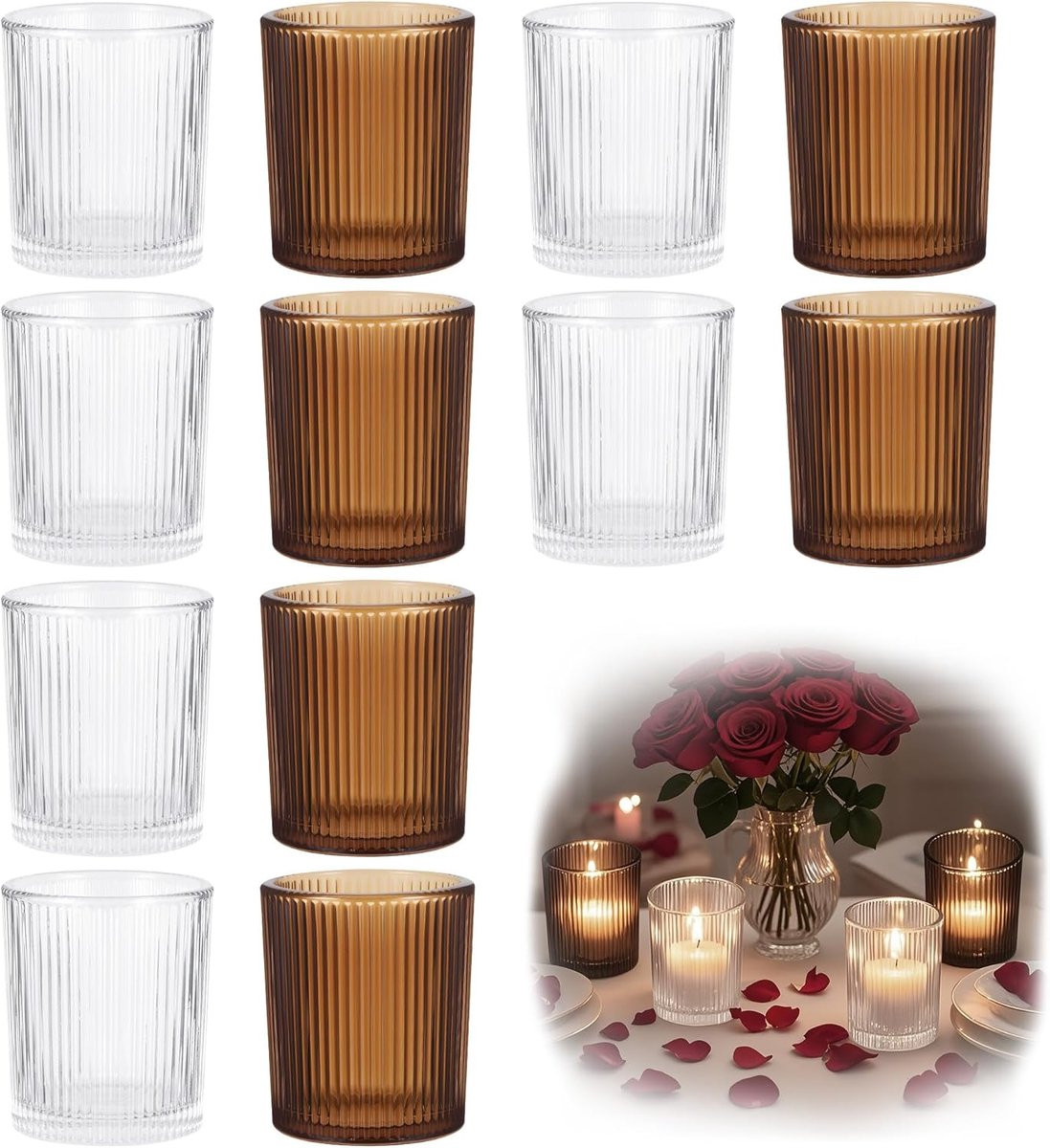 SnelShoppen Set van 12 Ribbelige Glazen Tealight Kaarsenhouders voor Tafeldecoratie