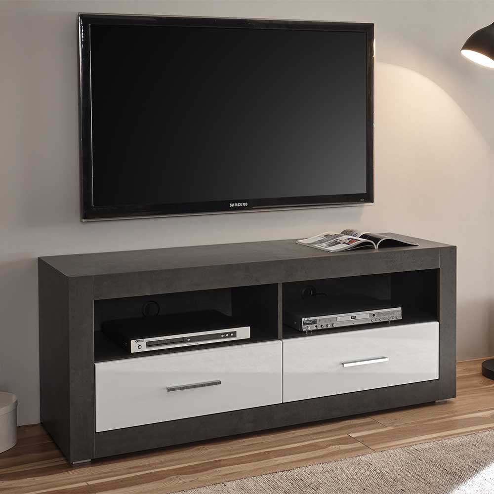 Pharao24.de TV Möbel in Weiß Hochglanz und Beton Grau 150 cm breit