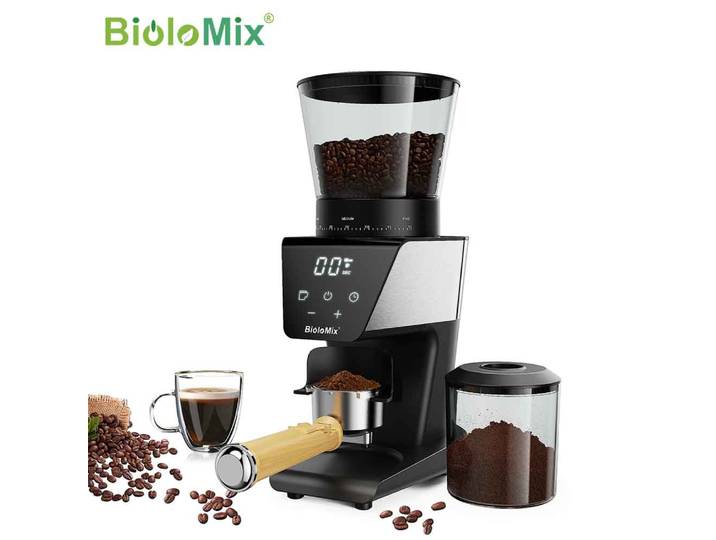 BioloMix Moulin à café électrique automatique avec 30 vitesses pour café expresso américain verser sur le stockage visuel des grains