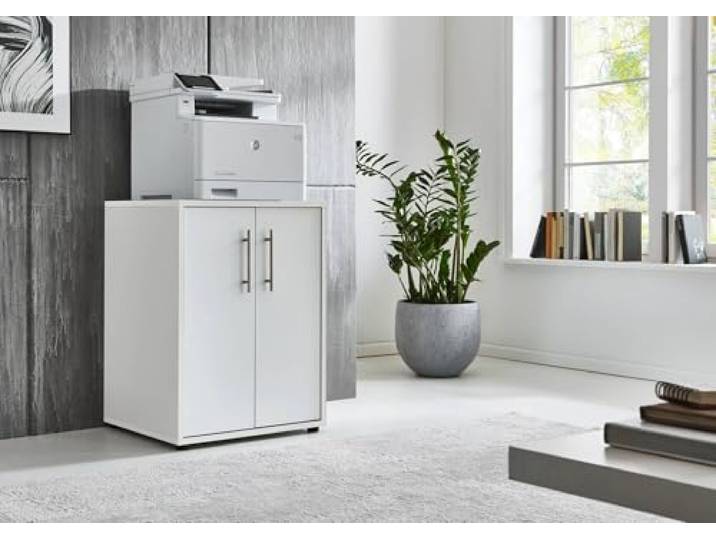 Druckerschrank Office Edition mit 2 Türen, 2 Einlegeböden, Büromöbel, 74 cm Höhe (Weiß/Weiß Matt)