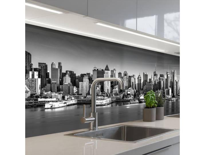 Crédence Décorative de Cuisine - Décoration Murale - Motif Skyline - Ville - Gratte-ciel - Noir - Blanc 250x80 cm - KitchenYeah