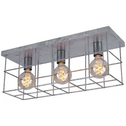 Deckenleuchte Deckenlampe 3 flammig Wohnraum Industriell Spotleuchte E27, Metallgitter zinkfarben, 3x E27 Fassungen, LxBxH 60x20x25,8 cm