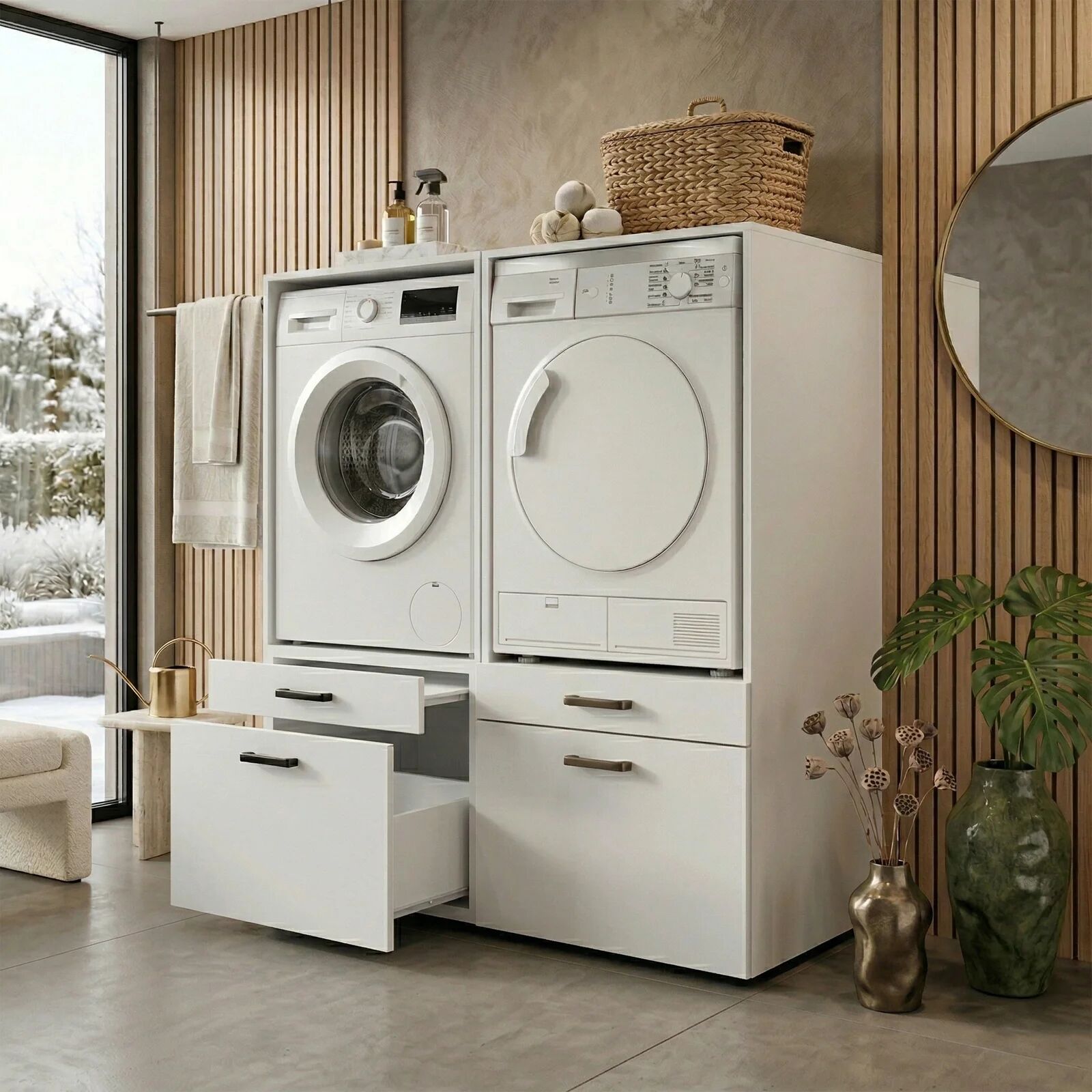 garneroarredamenti Mobile lavatrice e asciugatrice 134x144h cm con cassettoni bianco Water