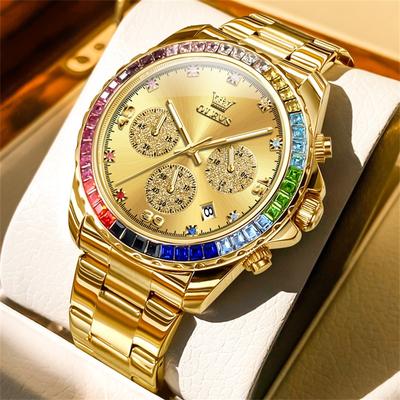 Fashion Sheath OLEVS Rainbow Gemstone Bezel Quartz Watch gold