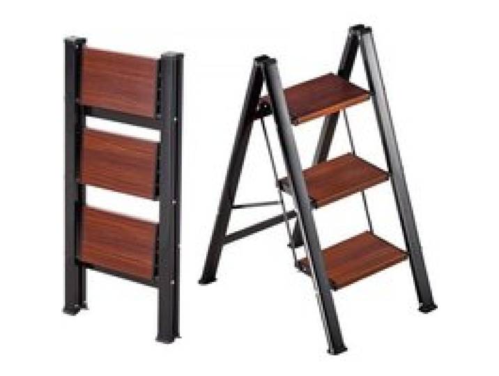 VEVOR 3-treden opvouwbare ladder met antislip treden in houtlook, huishoudladder met een draagvermogen van 150 kg, aluminium veiligheidsladder voor klussen en schoonmaakwerkzaamheden.