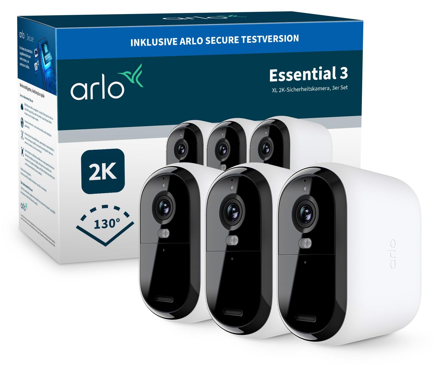 Arlo Essential 3 XL 2K-Sicherheitskamera, 3er Set, IP-Sicherheitskamera, Innen & Außen, Verkabelt & Kabellos, IP65, Decke/Wand, Weiß