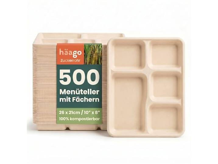 HAAGO 500 Zuckerrohr Bagasse Einwegteller, 5-Geteilte Menüteller, 26cm - Stabil, Biologisch Abbaubar, Umweltfreundlich & Home Kompostierbar