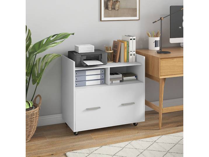 HOMCOM Meuble Rangement Blanc Roulettes Étagère Tiroir Barre