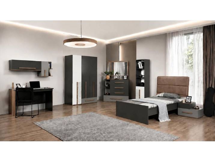 JVmoebel Jugendzimmer-Set Komfort Einzelbett Jugendbett Grau Braun Holz Polsterkopfteil, (Jugendzimmer-Set, 4-tlg., 4-tlg)
