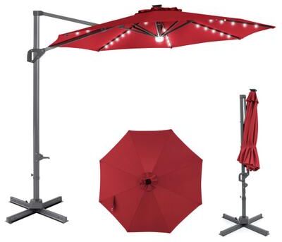 Costway 10 FT Cantilever Patio Umbrella with Solar LED Lights 360° Rotation-Wine