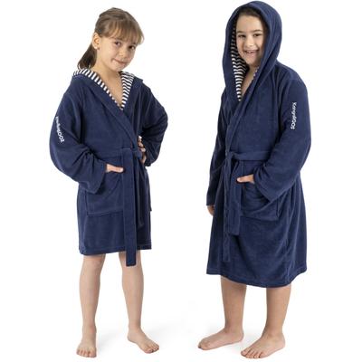 Kinderbademantel KANGAROOS "Dalia, Ideal für Zuhause, Schwimmbad oder im Urlaub" Gr. 140, marine, L:91cm, Veloursfrottier, Hausmäntel, Uni-Farben mit Streifen