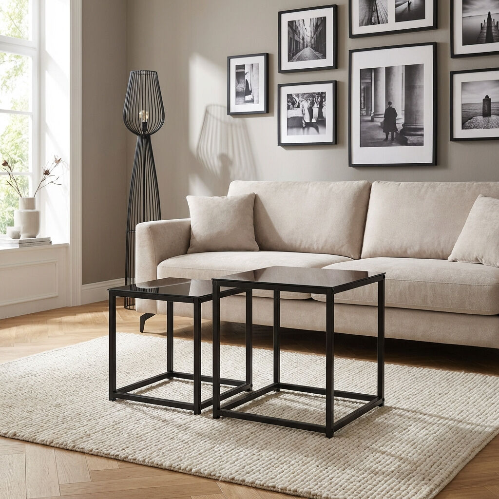 dechome 807dh45 Tavolino Salotto Moderno In Acciaio E Vetro Temperato Dimensioni 50x50x52/42x42x42 Cm Set 2 Tavolini Quadrati Sovrapponibili Colore Nero