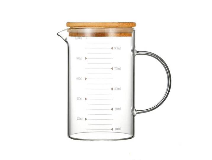 Messbecher Glas 1000 ml mit Bambusdeckel, Transparent, Backen & Backzubehör, Messbecher