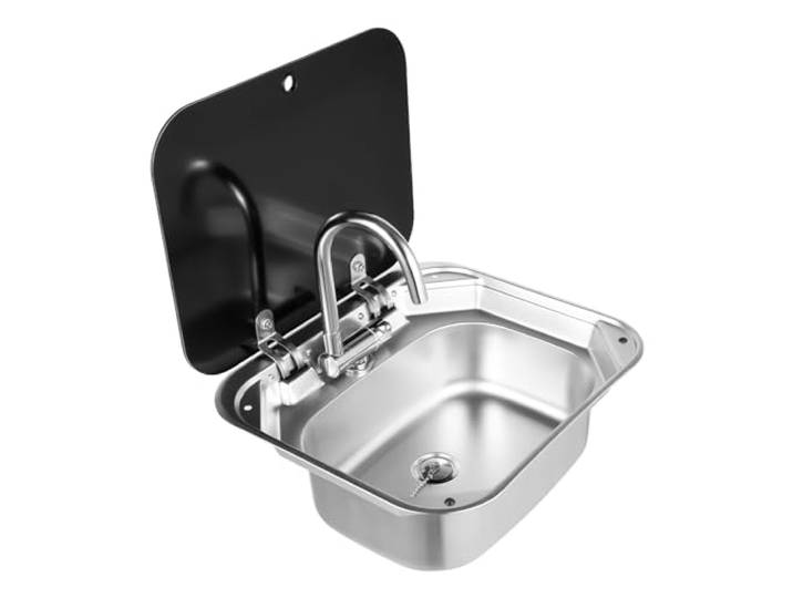 Wohnmobil Spülbecken, RV Edelstahl Einbauspüle Edelstahlspüle 42 x 37cm Spülbecken mit Deckel & Wasserhahn, Waschbecken Spüle Küche für Rv, Camper, Wohnmobil