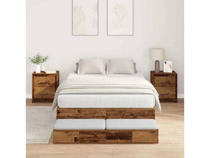 Aufbewahrungsbettgestell mit Tür Altholz 120 cm Holzwerkstoff Kiefernholz, Schubladen, Ledergriffe, ohne Boxspring, feucht abwischbar