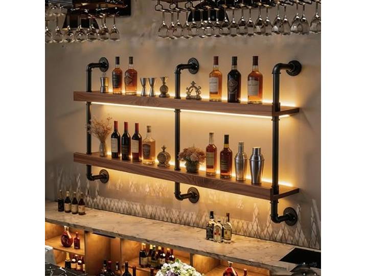 AUSKLEZU Wand-Weinregal Industrie-Design LED (Nussbaum, 2-125CM) Mit LED-Lichtleiste, Bis 80 kg Traglast, 20 cm Tiefe, Einfache Wandmontage, Für Bar & Restaurant