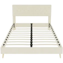 MODFU Polsterbett Stoff Beige 160x200 cm mit Matratze, hoher Kopfteil, Holzlattenrost und Stauraum unter dem Bett