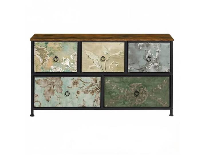 Meuble d'entree - Commode 5 tiroirs - style industriel vintage - motif floral multicolore