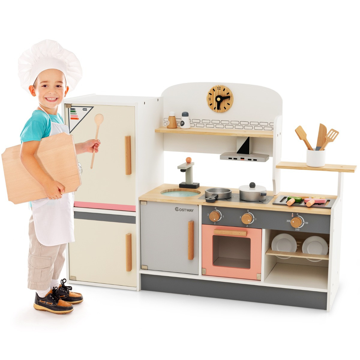 Costway Houten Kinderspeelkeuken met Koelkast, Afzuigkap, Fornuis, Barbecue, Kraan en Gootsteen voor Kinderen vanaf 3 jaar