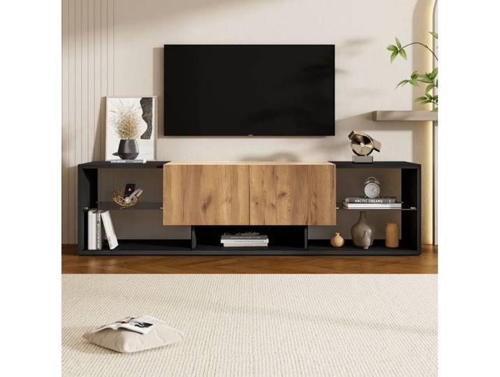 Meuble TV - SENVIRO LED style bois noir et naturel 160x40x42cm