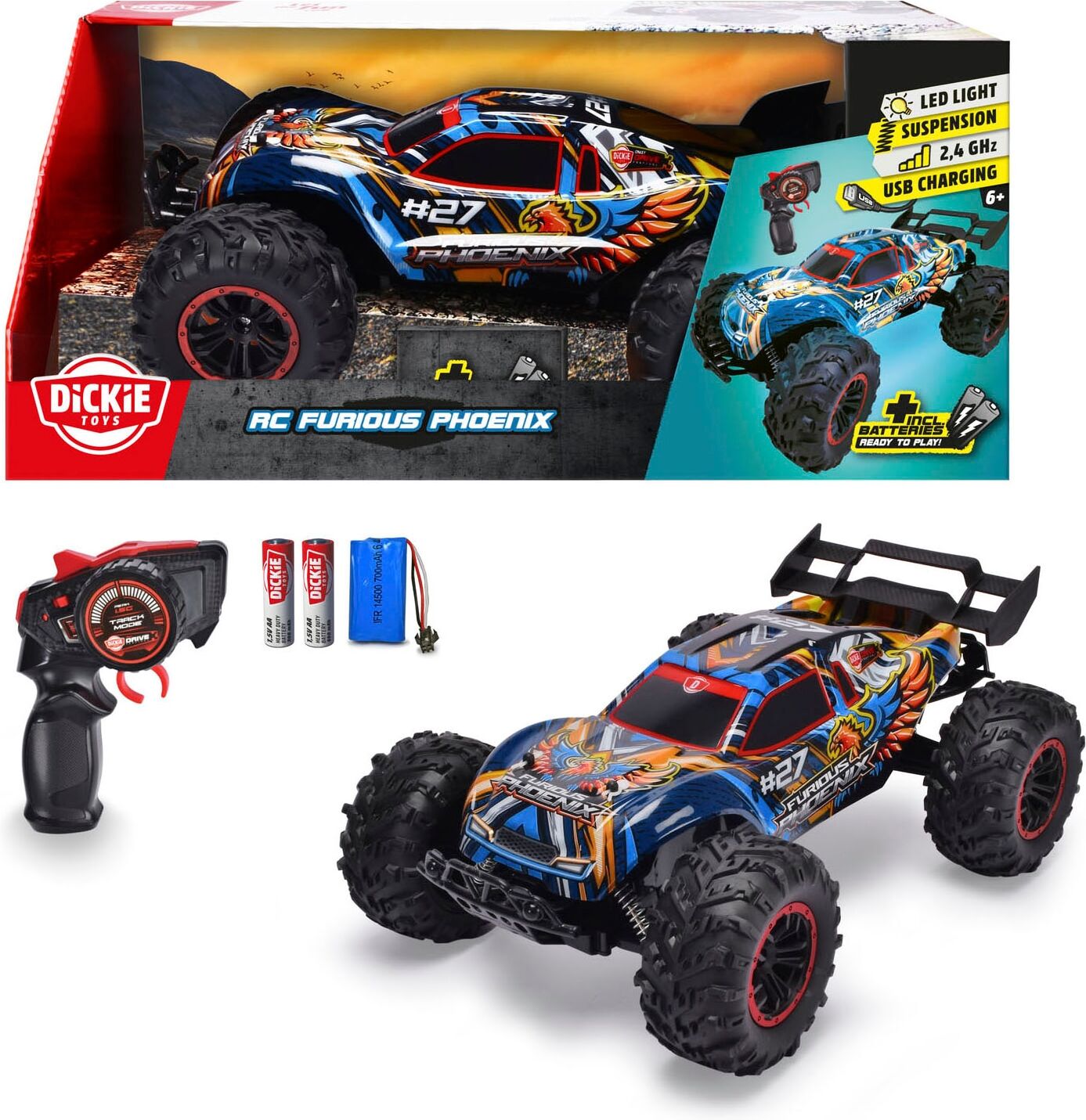 RC-Monstertruck DICKIE TOYS "RC Furious Phoenix, RTR", bunt, Fernlenkfahrzeuge, Kinder, Kunststoff, RC-Monstertruck, mit Licht