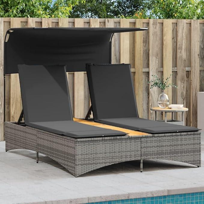 Doppel-Sonnenliege aus Polyrattan mit Dach und Auflagen, grau, 136 x 202 x 140 cm, 2-Sitzer Gartenliege für Terrasse, Balkon, Pool und Outdoor Entspannung